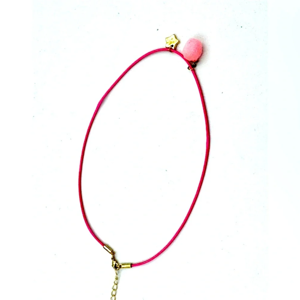 Elegant Hot Pink Cord Necklace with Gold Charm and Soft Pink Puff Charm